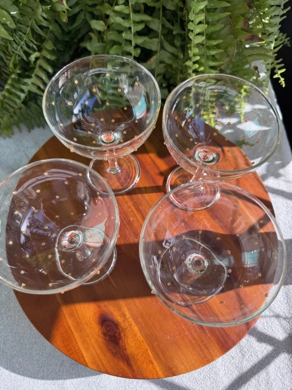 Set of 4 Pottery Barn Champagne Coupe Glasses with Gold Polka Dot